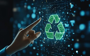 Corporate professional pointing to a bright green recycle symbol on a digital screen, embodying the principles of ecology and commitment to sustainability