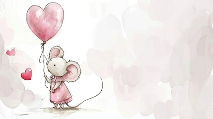 a cute and adorable baby girl mouse in a pink dress holding a balloon