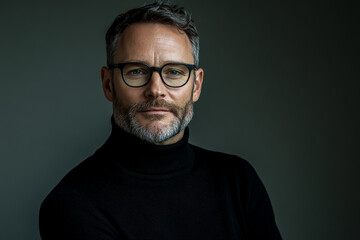 Naklejka premium A man wearing glasses, a black turtleneck sweater, and having short hair and a beard.