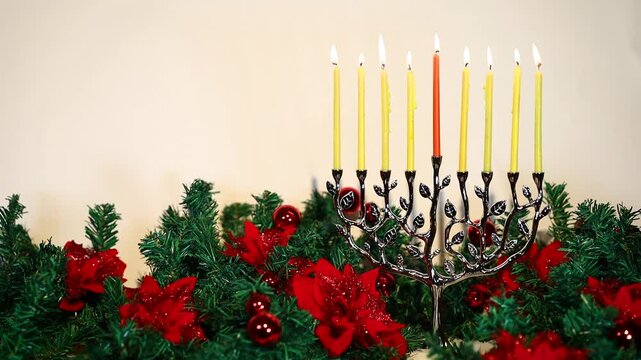 Silver Menorah with Burning Candles Among Pine Garland with Red Flowers and Ornaments. Chrismukkah celebration
