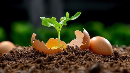 Sprout Emergence, Plant growing from eggshell in soil suggesting new beginnings, eco-friendly gardening innovation