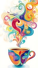 A vector design for a t-shirt about coffee, with swirling patterns and vibrant colors representing the energy of the drink