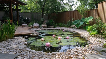 Tranquil Backyard Garden with Lily Pond
