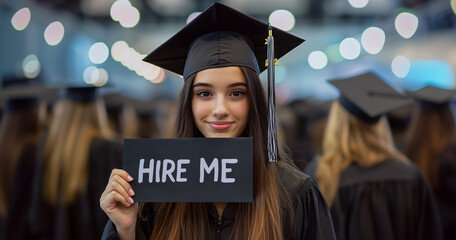 A recent graduate wearing a traditional cap and gown holds a "Hire Me" sign, symbolizing the transition from education to the job market, with a blurred background of fellow graduates