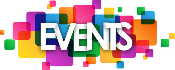 EVENTS typography banner with colorful squares on transparent background