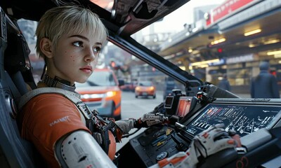 Beautiful android woman driving futuristic car in bustling city with LCD monitor 