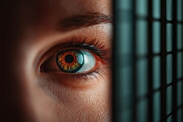 An eye peering through layers of privacy shields and data firewalls, representing surveillance and the need for secure digital environments