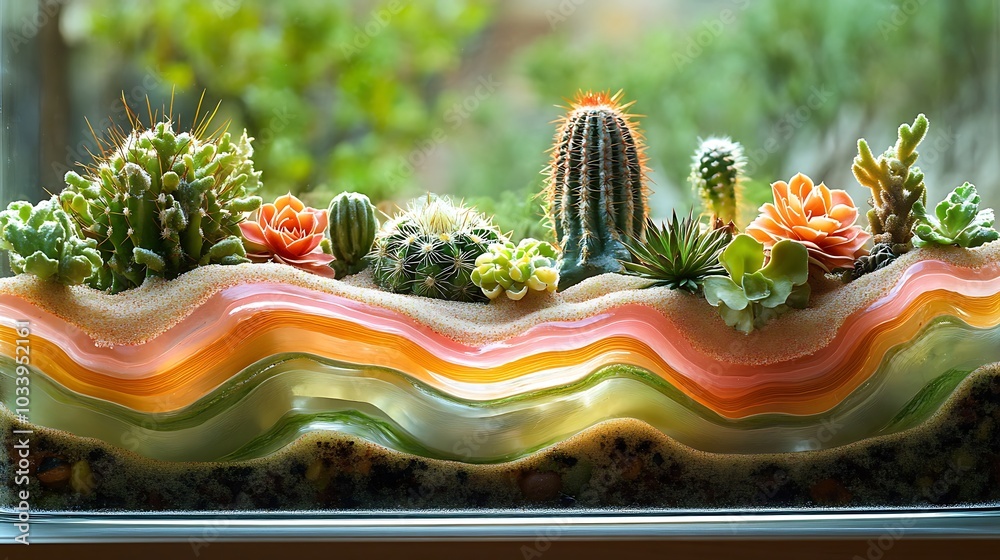 Poster A modern open terrarium with vibrant cacti and swirling sand art, the sand layers blending vibrant pink, green, and orange hues, the glass reflecting soft sunlight,