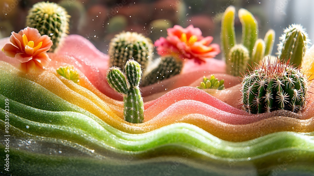 Poster A modern open terrarium with vibrant cacti and swirling sand art, the sand layers blending vibrant pink, green, and orange hues, the glass reflecting soft sunlight,