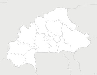 Vector blank map of Burkina Faso with regions and administrative divisions, and neighbouring countries and territories. Editable and clearly labeled layers.