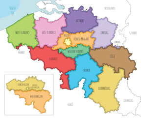 Vector illustrated map of Belgium with regions, provinces and administrative divisions, and neighbouring countries and territories. Editable and clearly labeled layers.