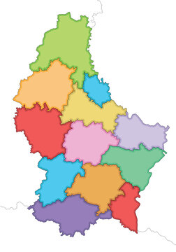 Vector illustrated regional blank map of Luxembourg with cantons and administrative divisions, and neighbouring countries and territories. Editable and clearly labeled layers.