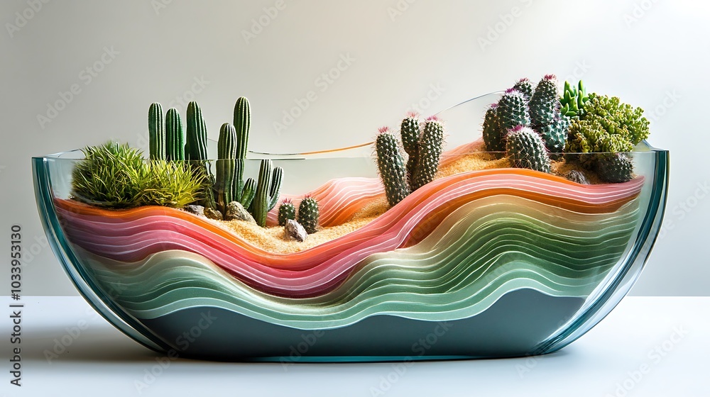 Poster A modern open terrarium with vibrant cacti and swirling sand art, the sand layers blending vibrant pink, green, and orange hues, the glass reflecting soft sunlight,