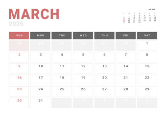 Monthly page Calendar Planner Template of March 2025. Vector layout of calendar with week start Monday for Scheduling. Page for size A4 or 21x29.7 cm
