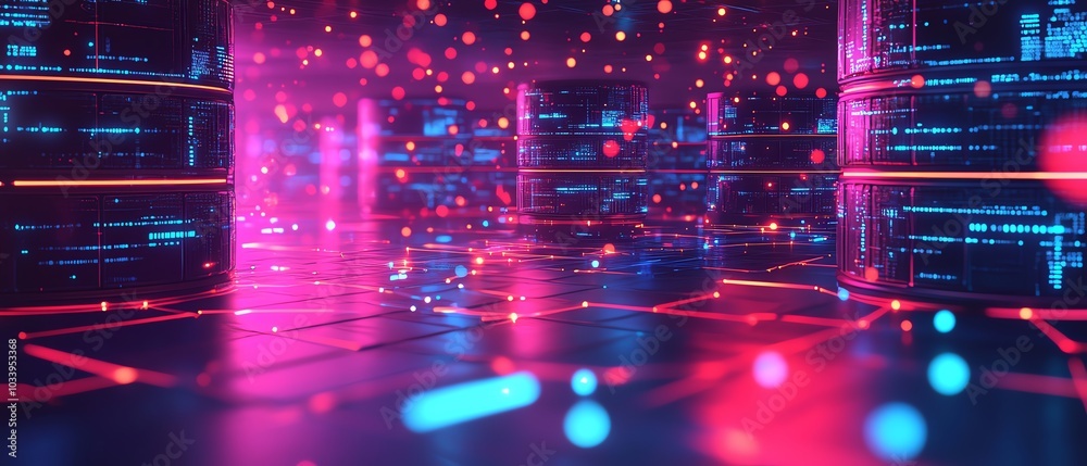 Fototapete Artistic depiction of databases and data streams, highlighting their connectivity through APIs, symbolizing the efficient management of information in a modern data landscape
