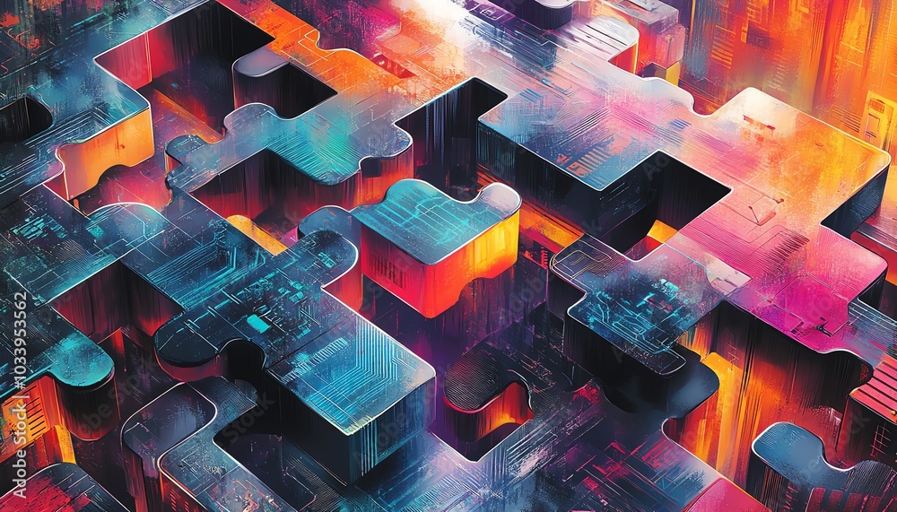 Aufkleber Artistic representation of interlocking puzzle pieces symbolizing API integration, set against a dynamic abstract background filled with digital patterns and technology motifs