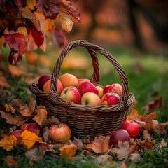 A basket of apples on the grass, surrounded by fallen leaves and scattered reds and yellows.