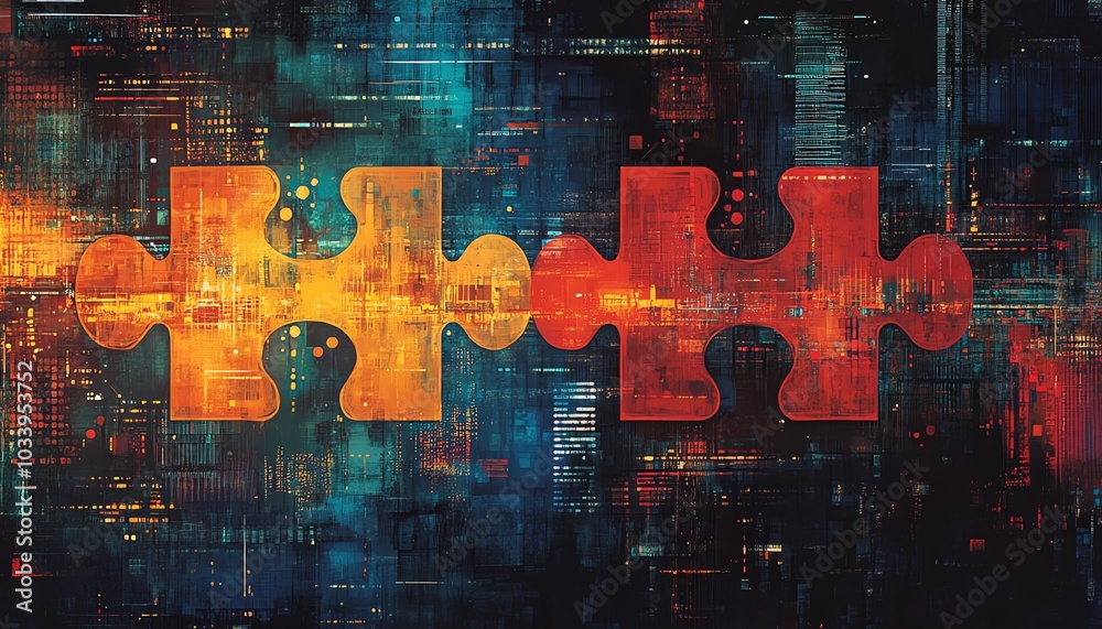 Aufkleber Artistic representation of interlocking puzzle pieces symbolizing API integration, set against a dynamic abstract background filled with digital patterns and technology motifs