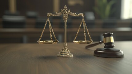 Golden Scales of Justice and Gavel on a Wooden Table