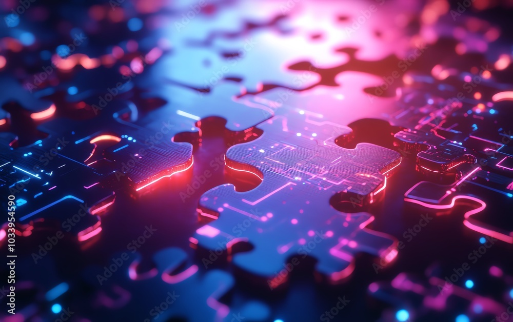 Aufkleber Creative digital artwork of the API integration concept, featuring puzzle pieces merging seamlessly, with a futuristic tech background that signifies advanced connectivity