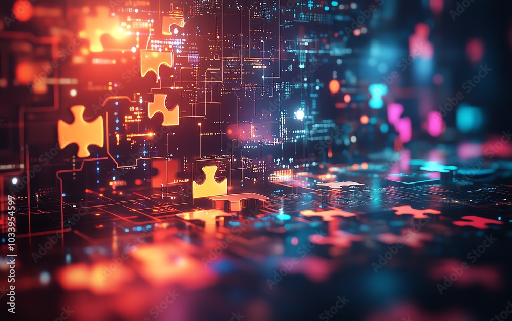 Aufkleber Creative digital artwork of the API integration concept, featuring puzzle pieces merging seamlessly, with a futuristic tech background that signifies advanced connectivity