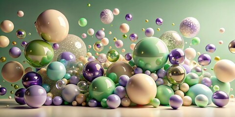 Abstract plastic spheres bubbles blobs in beige green purple isolated background