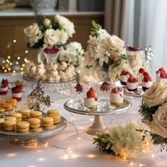 Luxurious elegant dessert buffet featuring assorted French macarons, raspberry parfaits, and festive white floral arrangements illuminated by soft fairy lights.