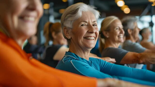 Senior Woman Smiling During Group Fitness Class at Gym &ndash; Active Aging and Healthy Sport Lifestyle
