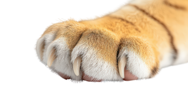 close up view of tigers paw, showcasing its powerful claws and distinctive fur patterns. image highlights strength and beauty of this majestic animal
