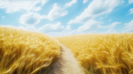 Photo of a golden wheat field with a dirt road, a beautiful sky, and a summer landscape.