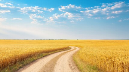 Fototapeta premium Photo of a golden wheat field with a dirt road, a beautiful sky, and a summer landscape.
