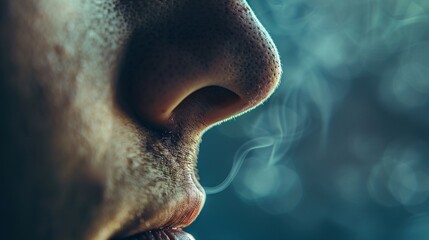 Close-up of human nose during inhalation, capturing the subtle rise and fall of breath, symbolizing life's delicate balance and the continuous cycle of existence.