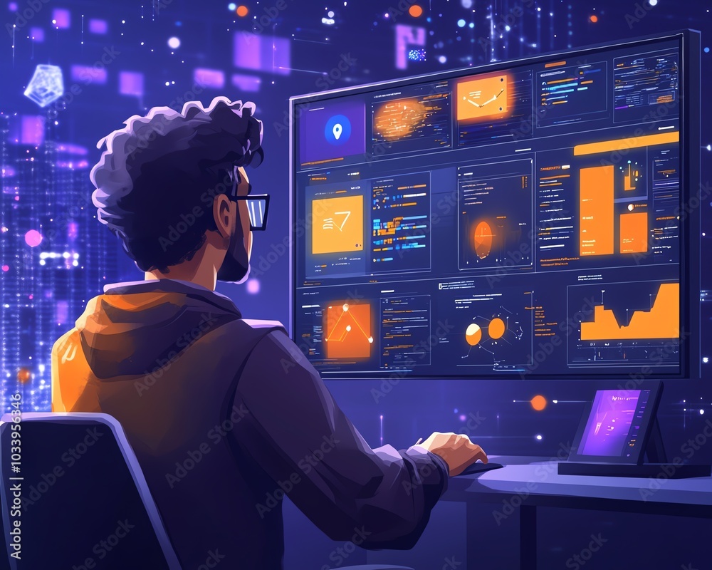 Aufkleber Dynamic scene showcasing a tech professional integrating databases, streams, and APIs, emphasizing the complexity and importance of data interoperability