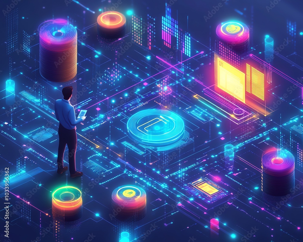 Aufkleber Dynamic scene showcasing a tech professional integrating databases, streams, and APIs, emphasizing the complexity and importance of data interoperability