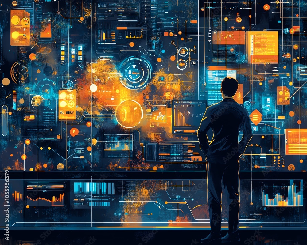 Poster Dynamic scene showcasing a tech professional integrating databases, streams, and APIs, emphasizing the complexity and importance of data interoperability
