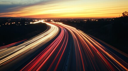 Obraz premium captivating long-exposure shot of a busy highway at dusk,
