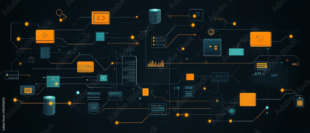 Aufkleber Engaging illustration of a data flow diagram, highlighting the roles of databases, streams, and APIs in the architecture of a comprehensive data management system