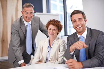 Teamwork, portrait and planning with business people in office for meeting, partnership and project management. Proposal, brainstorming and corporate with employee in agency for coaching and idea