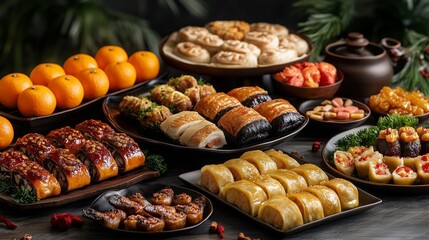 A vibrant spread of traditional Chinese New Year delicacies, featuring an assortment of dim sum, buns, and pastries.