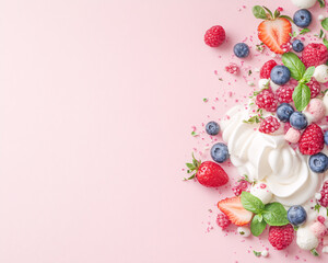 Explore a delightful arrangement of fresh strawberries blueberries raspberries and creamy swirls on a pastel backdrop perfect for summer desserts