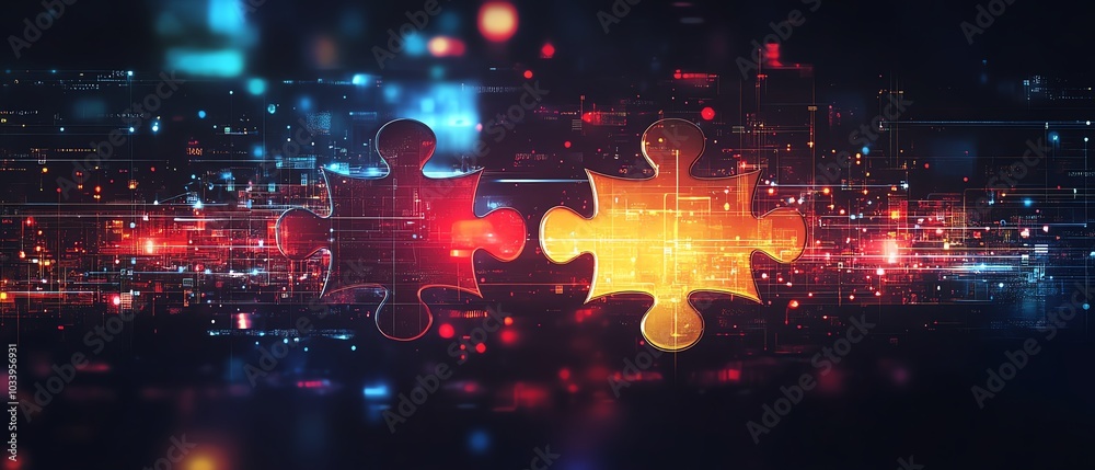 Poster Eyecatching graphic design showcasing API integration, with two puzzle pieces fitting together in a techinspired environment, representing collaboration and interoperability