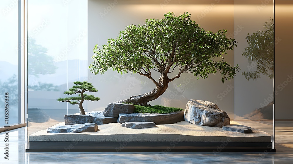 Canvas Prints A modern zen garden terrarium, featuring a bonsai tree, raked sand with smooth stones, all arranged in a calming pattern, the natural elements balanced perfectly inside a glass container,