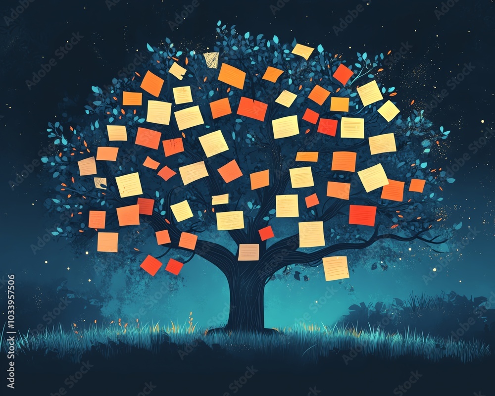 Aufkleber Illustration of a disorganized decision tree, overflowing with branches and labels, symbolizing the complexities and challenges of ineffective management strategies