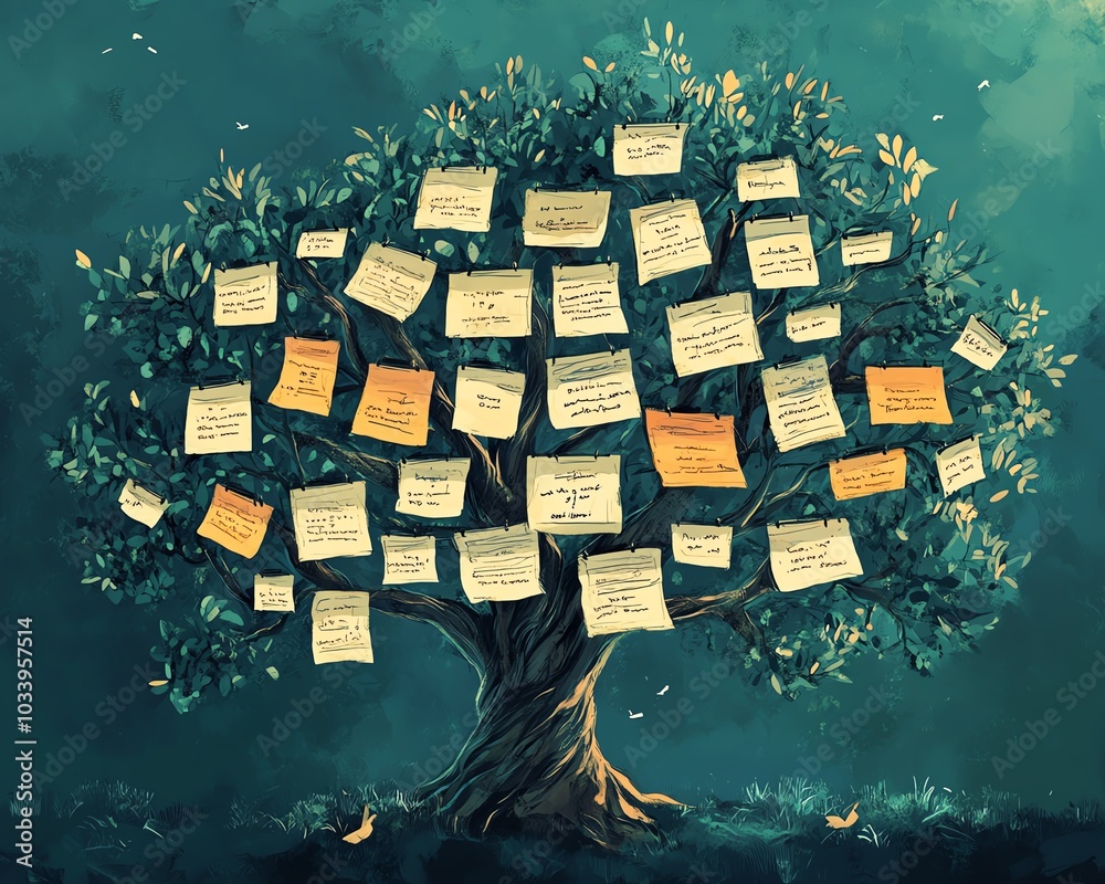 Aufkleber Illustration of a disorganized decision tree, overflowing with branches and labels, symbolizing the complexities and challenges of ineffective management strategies