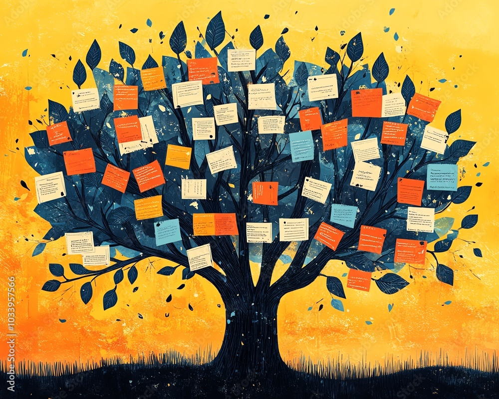 Aufkleber Illustration of a disorganized decision tree, overflowing with branches and labels, symbolizing the complexities and challenges of ineffective management strategies