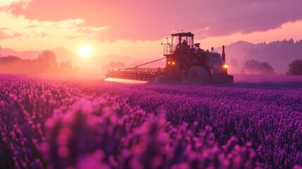 Fototapeta premium A sleek, advanced seeding machine operating in a field of lavender at twilight