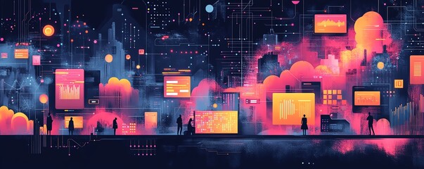 Illustration of a diverse data ecosystem, showcasing databases, realtime data streams, and APIs interconnected in a dynamic, techinspired environment