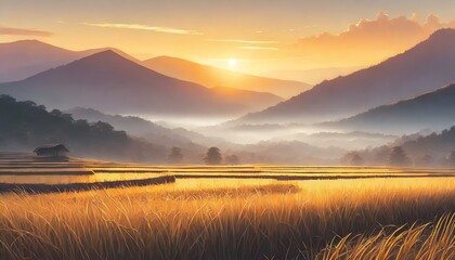 beautiful rice field at the morning, sunset at rice field