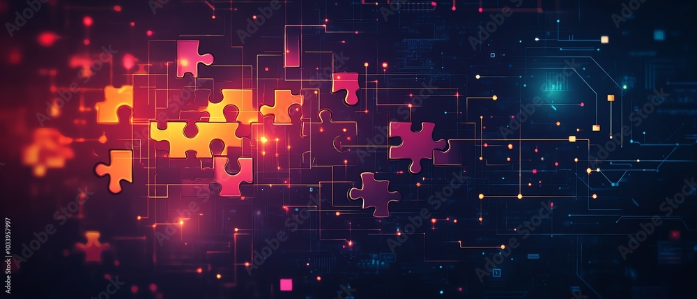Aufkleber Illustration of API integration concept with puzzle pieces connecting on a hightech background, symbolizing the fusion of different technologies for enhanced functionality