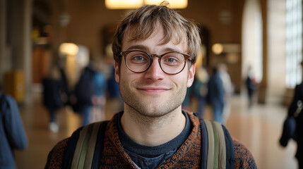 Fototapeta premium smiling young man with glasses stands confidently in busy indoor setting, showcasing warm and approachable demeanor. His casual attire and friendly expression create welcoming atmosphere